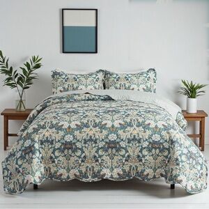 NEW Anthro Teal Floral Reversible Paisley Queen / King Bedding Quilt & Sham Set